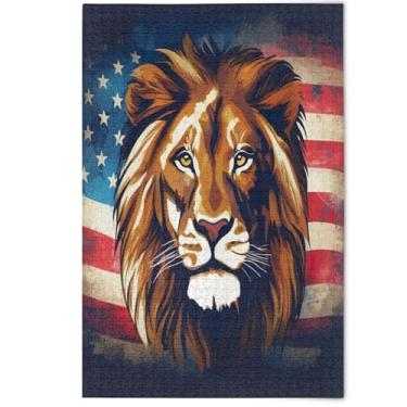 Imagem de Quebra-cabeça 1000 peças para adultos EUA bandeira de leão quebra-cabeça cena engraçada natureza quebra-cabeças pintura de arte animal, 1000 peças, 75 x 50 cm