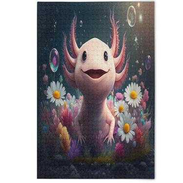 Imagem de Quebra-cabeça de desenho animado fofo Axolotl floral rosa para adultos 1000 peças, presentes engraçados para amantes de quebra-cabeças, paisagem e pintura de arte animal, 1000 peças, 75 x 50 cm