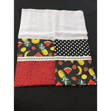 Imagem de Pano de Prato com Barrado Decorativo de Abacaxi, Frutas Tropicais, Poá e Vermelho, Kit com 2 Peças