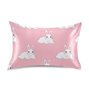 Imagem de Lindos Coelhos Brancos Coelho Rosa Padrão King Queen Fronhas de Cetim Estampa Refrigerante Macio Cama Travesseiro Deslizamento King Size 101,6 cm x 50,8 cm