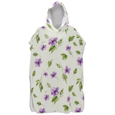 Imagem de Joisal Poncho de surf creme flores roxas para adultos trocador com capuz toalha de banho bonito plus size adulto ponchos para mulheres
