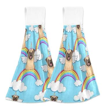 Imagem de Toalhas de mão penduradas de unicórnio de Pug fofas personalizadas para forno de cozinha conjunto de 2 toalhas de cozinha decorativas absorventes, 46 x 35 cm