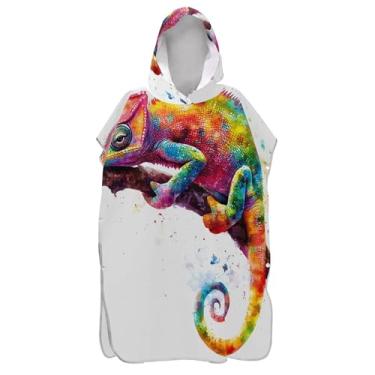 Imagem de Poncho de surfe camaleão colorido aquarela para adultos trocador com capuz toalha de banho bonito roupão masculino poncho com capuz