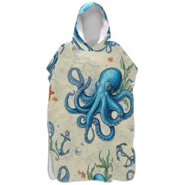 Imagem de Joisal Roupão vintage azul polvo surfe trocador adulto plus size ponchos femininos com capuz toalha de banho com capuz praia