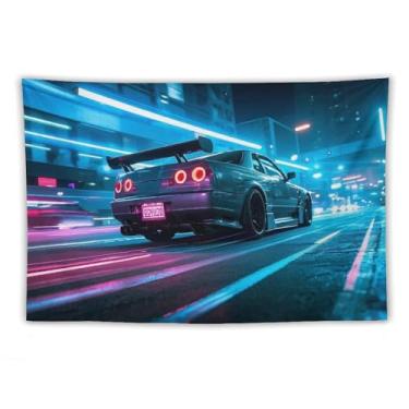 Imagem de HouLaiZhe JDM Tapeçaria de carro Jdm carro R34 sob luz neon pista pendurar na parede quarto decoração de casa tapeçarias estética piquenique decoração de parede arte de parede para dormitório sala de