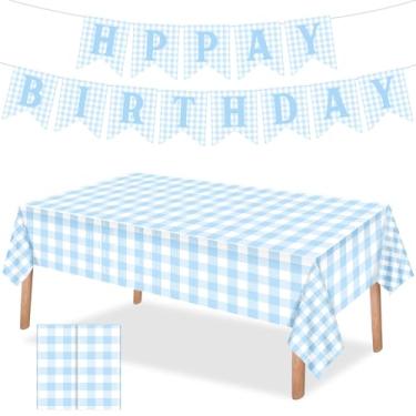 Imagem de Hillsuren 3 peças de decoração de festa de aniversário azul bebê guingão, faixa de feliz aniversário de 5 m azul bebê e branco, 2 peças de toalha de mesa de plástico quadriculada de 137 x 274 cm para