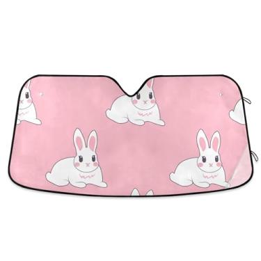 Imagem de Pára-sol personalizado rosa coelho branco fofo para para-brisa de carro protetor solar retrátil dobrável para para-brisa dianteiro de carro impressões de animais L, 144,8 cm x 80 cm