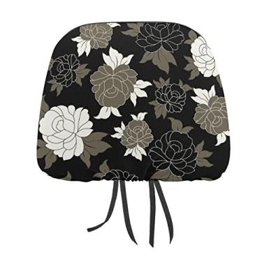 Imagem de Vintage retrô sem costura flores tradicionais flores em preto 2 peças capas protetoras de encosto de cabeça para assento de carro universal, capa macia para encosto de cabeça de carro, acessórios de
