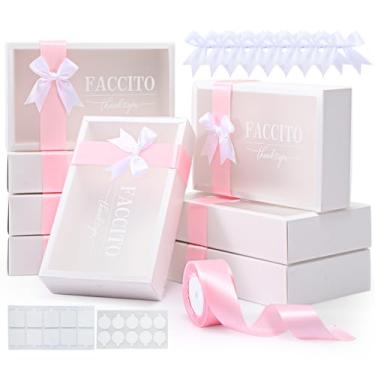 Imagem de Faccito 8 caixas de presente de agradecimento com janela a granel 24 x 14 x 6 cm caixa de casamento transparente com fita rosa, laços brancos, ponto transparente dupla face para casamento, embalagem