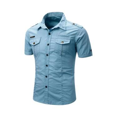 Imagem de Camisa Safari Masculina 100% Algodão De Manga Curta Casual Tática Carg