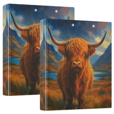 Imagem de Fichários Highland Cow Shaggy Fur com 3 anéis de 3 cm comporta 200 folhas fofas pastas para caderno, fichário de escritório, 31,5 x 27 x 6 cm, pacote com 2