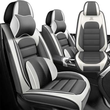 Imagem de Iceleather Capas de assento de carro para Mercedes-Benz C-Class 2001-2025, capa de assento de couro PU macio respirável impermeável com bolsos de armazenamento (cinza e branco, conjunto frontal)