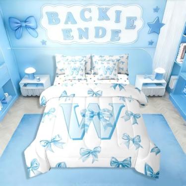 Imagem de Erosebridal Jogo de cama solteiro com laço de princesa sonhadora, 7 peças, azul, letra W, lençol em uma bolsa, fofo, kawaii, com laço, conjunto de cama com lençol romântico