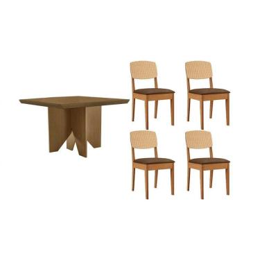 Imagem de Sala Jantar Mesa Nevada Tampo Curvo 90cm+4 Cadeiras Havana Naturale - Suede Marrom - Rufato