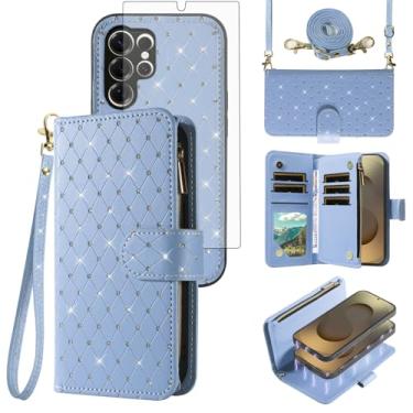 Imagem de Capa carteira compatível com Samsung Galaxy S25 Ultra 5G com zíper para celular e protetor de tela, alça transversal, flip com glitter, porta-cartões, capa para celular para S25Ultra 25S S 25 25Ultra