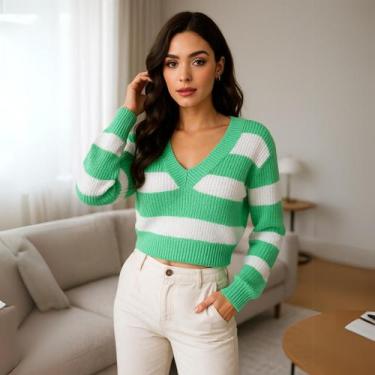 Imagem de Blusa Feminina de Tricot Listrada Gola V Manga Longa Elegante - Vitrin