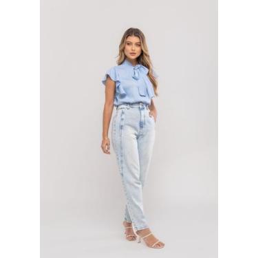 Imagem de Blusa Feminina Com Laço na Gola e Manga Babado Azul Salvatore, GG