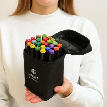 Imagem de Caneta Hidrográfica Marcador Ponta Dupla Escolar Estojo Zíper Cores Vi