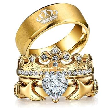 Imagem de ringheart Anéis de casal combinando Claddagh anel banhado a ouro amarelo conjuntos de alianças de casamento femininas para ele e ela, women size7 & men size12, Papel, Zircônia cúbica