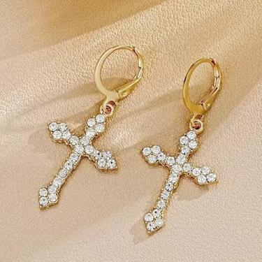 Imagem de Brincos de cruz de cristal banhados a ouro para mulheres, joias religiosas elegantes, design de cristal cintilante