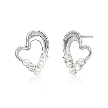 Imagem de Sonateomber Brincos de coração para mulheres, brincos modernos de strass brilhante pérola oca amor acessórios de formatura moda presente, Latão, Zircônia cúbica