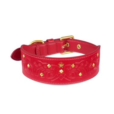Imagem de Blueberry Pet Coleira de couro de microfibra glam vermelha em relevo premium com tachas douradas
