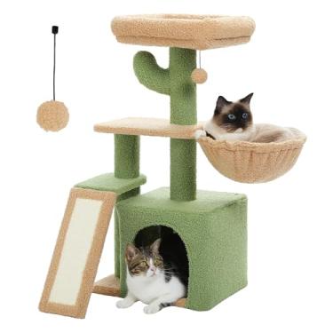 Imagem de PETEPELA Árvore de cacto para gatos em ambientes internos, condomínio fofo para gatos de 80 cm com rampa de sisal, rede aconchegante e poleiro removível para gatinhos, verde
