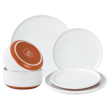 Imagem de GZG Série de arte moderna - 6 peças de pratos e tigelas de grés salpicado, conjunto de louça de cerâmica com terracota rústica na parte inferior, para micro-ondas e lava-louças, conjunto de pratos