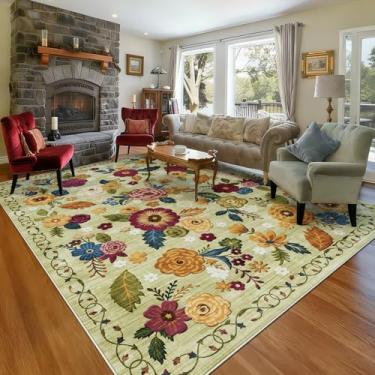 Imagem de GERUIMO Tapete lavável de 20 x 25 cm para sala de estar, verde vintage boho floral, tapete grande antiderrapante de lã sintética macia, adequado para crianças e animais de estimação para quarto, sala