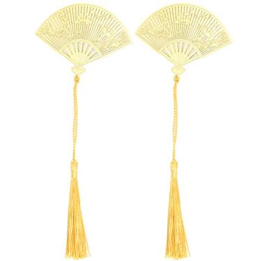 Imagem de Marcador de leque chinês antigo dobrável em forma de leque de metal de latão padrão de pinho e guindaste Marcador elegante para leitores escritores estudantes presentes conjunto