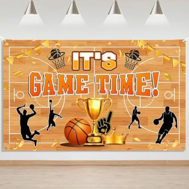 Imagem de Mocsicka Banner de aniversário de basquete It's Game Time decorações de festa de basquete loucura de março, decoração de cenário de parede (1,8 x 1,1 m)