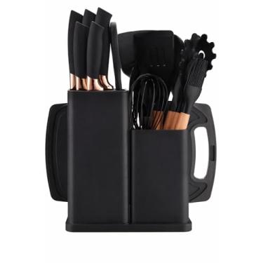 Imagem de Kit Conjunto 19 Peças Utensílios de Cozinha em Silicone e Madeira, Preto, Resistente ao Calor, Antiaderente, com Suporte Organizador, Espátulas, Colheres, Fouet, Pegador, Tábua de Corte