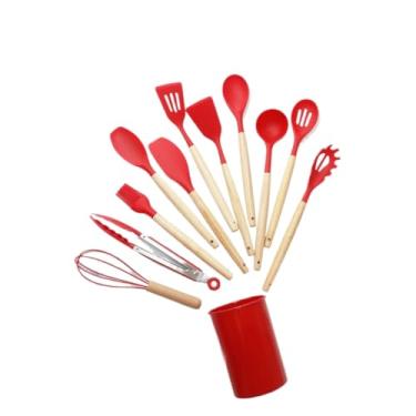 Imagem de kit 12 peças utensílios de cozinha silicone Copo Suporte Jogo de Cozinha kit 5 utensílios s/copo(KIT 12 VERMELHO C/COPO)