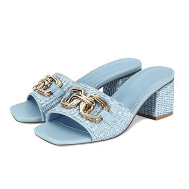 Imagem de SOVANYOU Raffia Sandálias femininas salto bloco salto quadrado aberto salto mule slip on praia sapatos de verão, Azul, 41