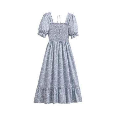 Imagem de Vestido Casual Feminino De Chiffon Com Cintura Elástica, Pregas E Mang