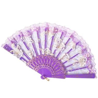Imagem de Leque de mão feminino de renda padrão rosa artesanato translúcido ventilador espanhol decoração de casa ventilador de dança portátil dança (roxo)