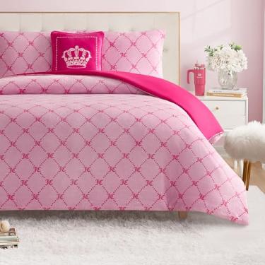 Imagem de Juicy Couture Conjunto de edredom casal/queen de pelúcia reversível com 4 peças, com almofada decorativa, rosa