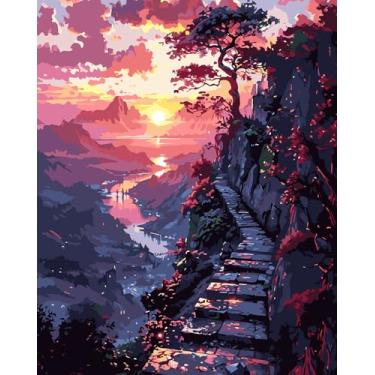 Imagem de CHWGLFGG Kit de pintura por números para adultos iniciantes, pôr do sol paisagem adulto kits de pintura por números em tela, pintura fácil de óleo acrílico DIY por números para decoração de parede de