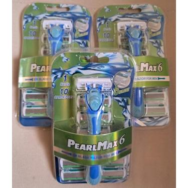 Imagem de PearlMax Aparelho de Barbear 6 Lâminas para Homens, Cabeça Giratória, Cabo de Borracha, Aço Inoxidável, 1 Handle com 10 Refis, Kit com 3 Pacotes