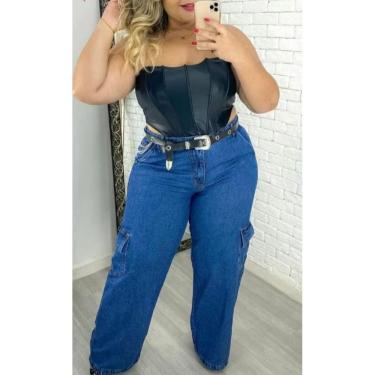 Imagem de Calça Jeans Cargo Feminina Plus Size Cintura Alta