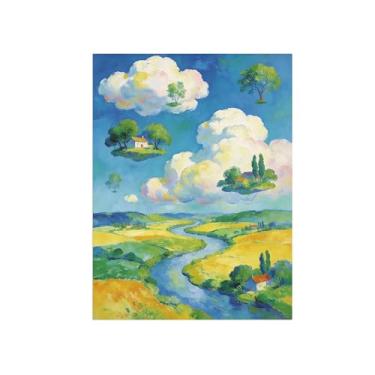 Imagem de BMZFYBS Impressões em tela de arte de parede de surrealismo - Grassland River House Nuvens - Pintura de decoração de paisagem - Imagens para sala de estar 50 x 65 cm 20 x 26 pol. Sem moldura