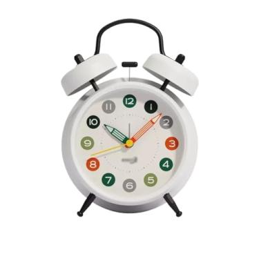 Imagem de Despertador para quarto de 10 cm, sino duplo, silencioso, sem tique-taque, operado por bateria, extra alto com luz de fundo, para mesa de cabeceira, relógio de mesa (branco)