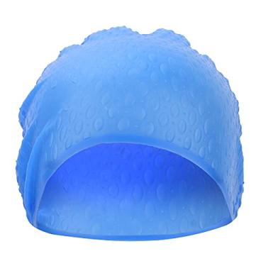 Imagem de Touca de natação de silicone impermeável flexível de alta elasticidade proteção de ouvido temperatura de cabeça ajustável para adultos cabelo longo preto opcional 23x18x0,5cm (Azul)