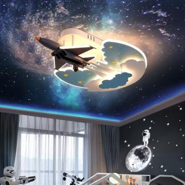Imagem de Luminária de teto LED infantil moderna em formato de avião, com intensidade regulável, ideal para quarto infantil, sala de estudos ou sala de estar. Controle remoto para iluminação de teto e