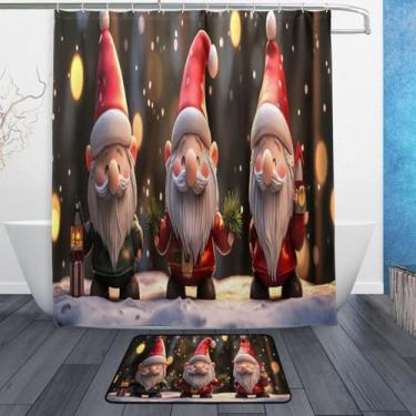 Imagem de xigua Gnomos de Natal fofos conjuntos de tapetes de cortina de banho 2 peças, conjunto de tema de banheiro (152 x 182 cm) com cortina de chuveiro e tapete antiderrapante -12 ganchos449