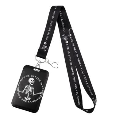 Imagem de Cordão de identificação de esqueleto de caveira legal para crachás de identificação, chaveiro preto, suporte de identificação para homens, mulheres, crianças, adolescentes, porta-cartões engraçados