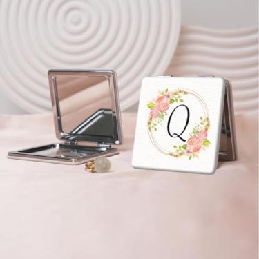 Imagem de Espelho de maquiagem portátil Flower Alphabet Series, mini espelho portátil dobrável, espelho de contorno quadrado portátil de dupla face, adequado para todos em qualquer ocasião