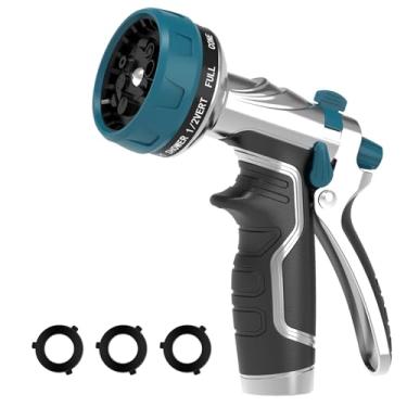 Imagem de Bocal de mangueira de jardim, bocal de mangueira de água de metal resistente com 8 padrões de pulverização ajustáveis, pulverizador manual de alta pressão com controle de fluxo para irrigação de