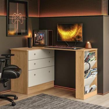 Imagem de Escrivaninha Mesa Escritório em L Retrátil com Cômoda Módulos e Comple