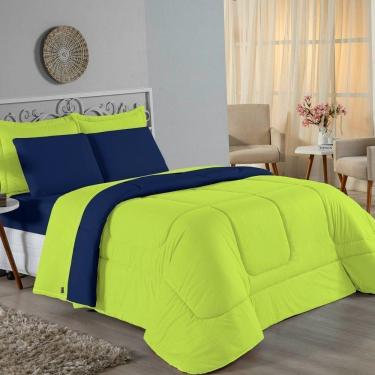 Imagem de Kit Edredom Dupla Face + Jogo De Lençol Solteiro Nobre 4 Peças Malha 100% Algodão - Pistache / Azul-marinho